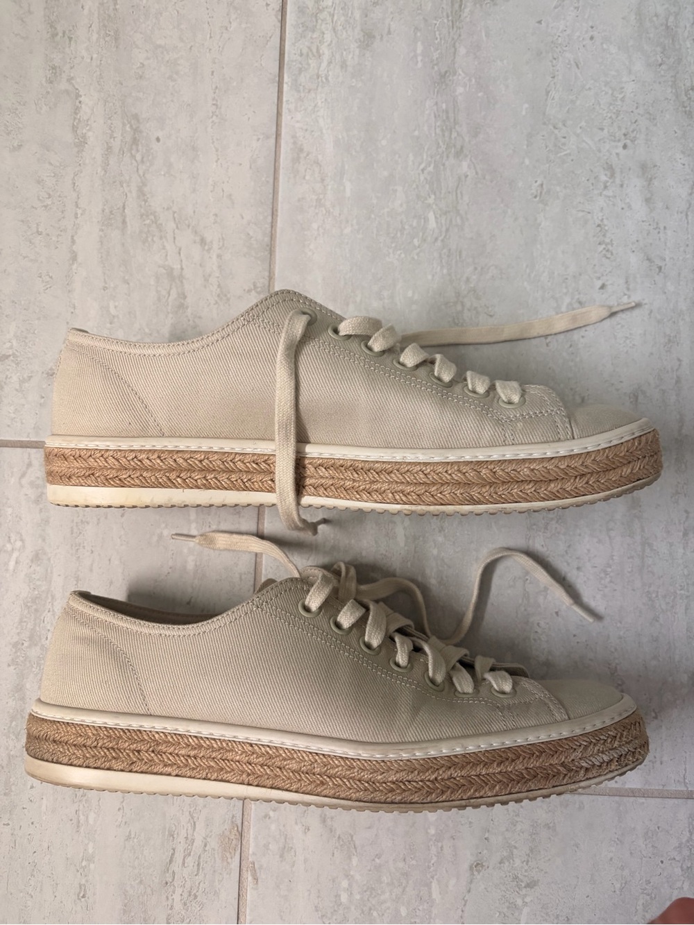 Prada Beige Canvas Lace-Up Sneakers - Picture 2 of 4